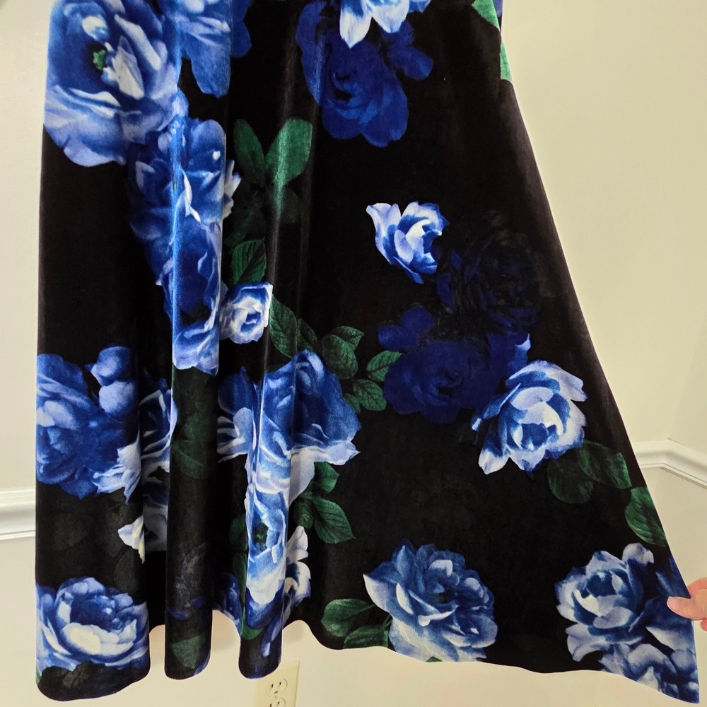 Calvin Klein Dark Floral Velvet Midi Dress Sz 10 Blue Rose Office‎ Evening - Picture 4 of 15
